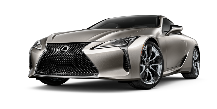 Exterior of the Lexus LC Hybrid shown in Atomic Silver on a coastal highway background | Moses Lexus in Saint Albans WV